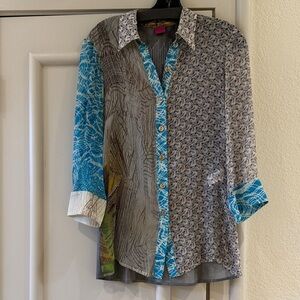 Save The Queen Blue and Gray Patterned Shirt, Size Small